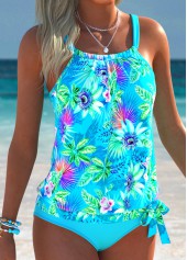 Cyan Mid Waisted Blouson Tropical Plants Print Tankini Set | thumb picture 