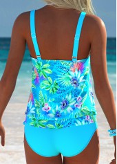Cyan Mid Waisted Blouson Tropical Plants Print Tankini Set | thumb picture 