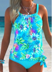 Cyan Mid Waisted Blouson Tropical Plants Print Tankini Set