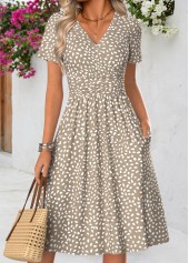 Light Camel Geometric Print Double Side Pockets Dress