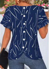 Navy Geometric Print Frill Short Sleeve T Shirt