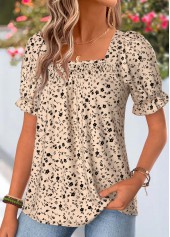 Light Camel Ditsy Floral Print Patchwork Short Sleeve Blouse | thumb picture 