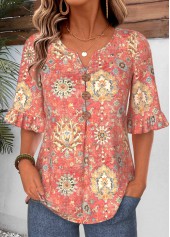 Multi Color Tribal Print Frill Half Sleeve Blouse