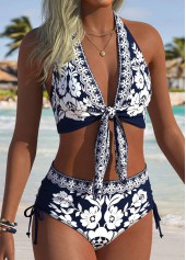 Navy Mid Waisted Ruched/shirred Tribal Print Bikini Set
