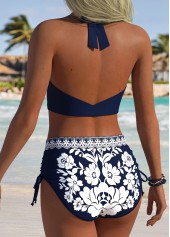 Navy Mid Waisted Ruched/shirred Tribal Print Bikini Set | thumb picture 