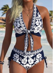 Navy Mid Waisted Ruched/shirred Tribal Print Bikini Set | thumb picture 