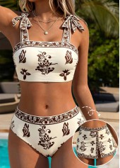 Beige Mid Waisted Three-piece Random Floral Print Bikini Set