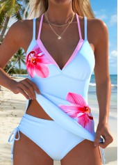 Light Blue Mid Waisted Drawstring Floral Print Tankini Set