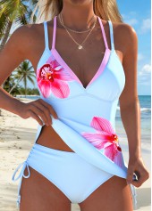 Light Blue Mid Waisted Drawstring Floral Print Tankini Set | thumb picture 