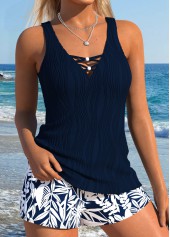 Navy Mid Waisted Hollow Out Leaf Print Tankini Set | thumb picture 