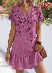 Dusty Purple Floral Print Short Shirred Split Neck Dress