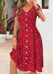 Red Tummy Coverage Short Sleeve V Neck Dress