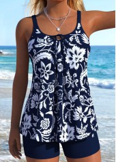 Plus Size Mid Waisted Navy Lace Up Tankini Set