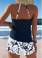Navy Mid Waisted Tropical Plants Print Tankini Set | thumb picture 