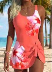 Orange Adjustable Tie Tropical Plants Print One Piece Swimdress