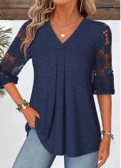 Navy Curved Hem 3/4 Sleeve V Neck Blouse