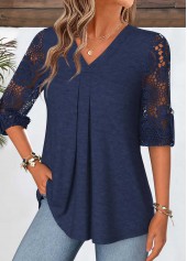 Navy Curved Hem 3/4 Sleeve V Neck Blouse | thumb picture 