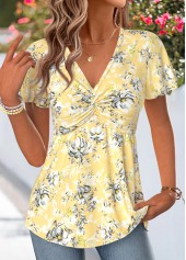 Yellow Floral Print Twist Short Sleeve T Shirt | thumb picture 