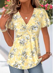 Yellow Floral Print Twist Short Sleeve T Shirt