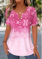 Hot Pink Tribal Print Curved Hem T Shirt