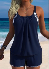 Navy Mid Waisted Blouson Striped Tankini Set