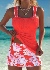 Orange Mid Waisted Ruched Floral Print Tankini Set