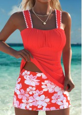 Orange Mid Waisted Ruched Floral Print Tankini Set | thumb picture 