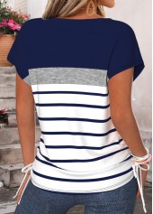 Navy Striped Bowknot Short Sleeve V Neck T Shirt | thumb picture 