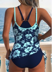 Navy Mid Waisted Drawstring Floral Print Tankini Set | thumb picture 