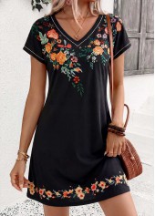 Navy Floral Print Short Tummy Coverage Split Neck Dress