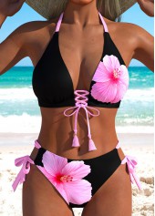 Black Mid Waisted Lace Up Floral Print Bikini Set