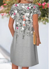 Grey Floral Print Short Tuck Stitch Split Neck Dress | thumb picture 