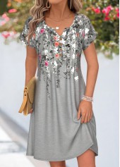 Grey Floral Print Short Tuck Stitch Split Neck Dress | thumb picture 