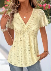 Yellow Patchwork Short Sleeve V Neck T Shirt