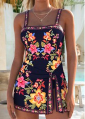 Black Layered Floral Print One Piece Swimdress