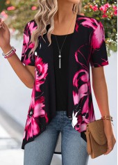 Black Floral Print Short Sleeve Fake Two Piece Twinset | thumb picture 