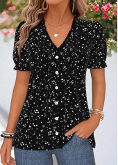Black Geometric Print Frill Short Sleeve T Shirt