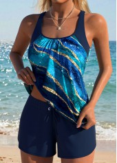 Navy Mid Waisted Tummy Coverage Marble Print Tankini Set | thumb picture 