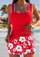 Red Mid Waisted Wrap Tropical Plants Print Tankini Set