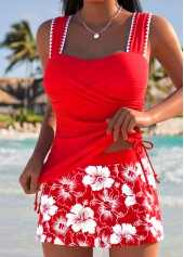 Red Mid Waisted Wrap Tropical Plants Print Tankini Set | thumb picture 