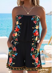 Black Ruffle Floral Print One Piece Swimwear