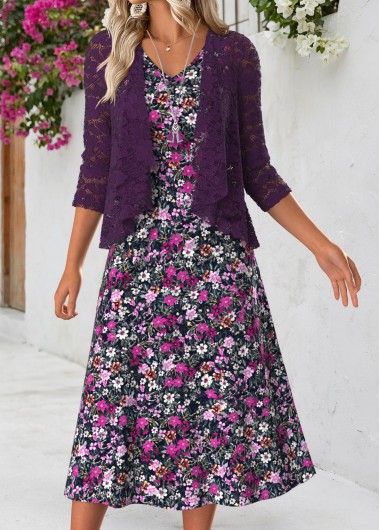 women clothes image of Purple Random Floral Print Tummy Coverage Dress and Cardigan
