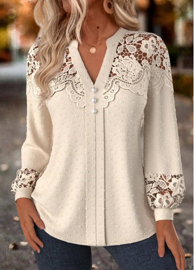 women clothes image of Beige Tummy Coverage Long Sleeve Split Neck Blouse