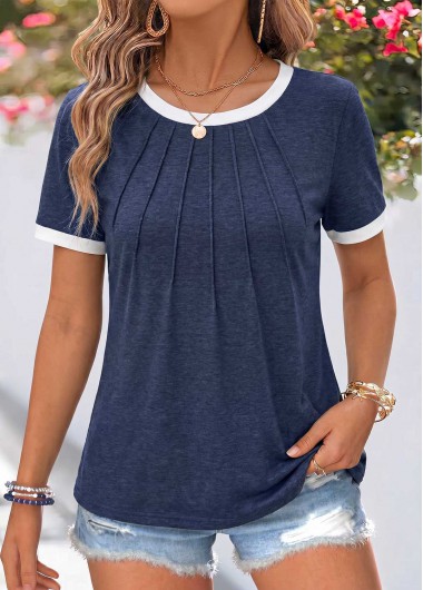 women clothes image of Navy Patchwork Short Sleeve Round Neck T Shirt