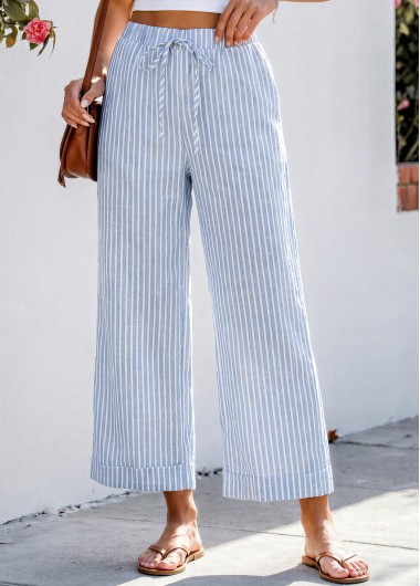 women clothes image of Blue Striped Wide Leg Elastic Waist High Waisted Pants