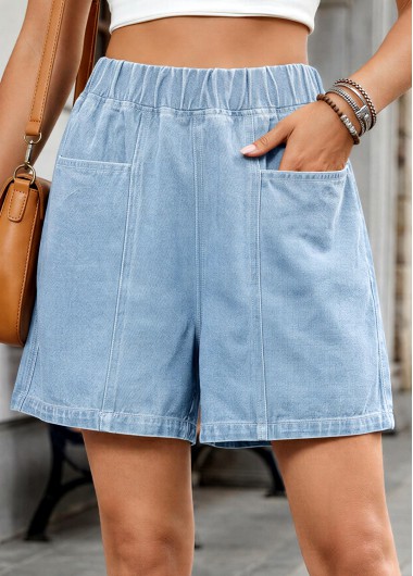 women clothes image of Denim Blue Wide Leg Elastic Waist High Waisted Shorts