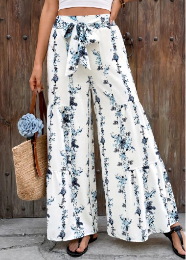 women clothes image of White Floral Print Flare Leg Elastic Waist Pants