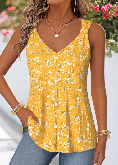 women clothes image of Yellow Ditsy Floral Print Curved Hem Sleeveless Tank Top