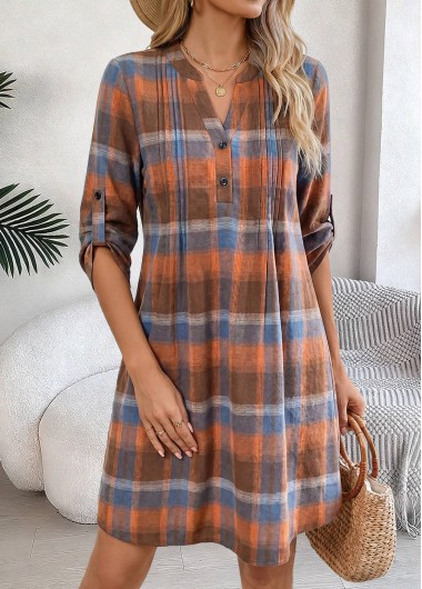 women clothes image of Dusty Pink Plaid Tuck Stitch Long Sleeve Dress