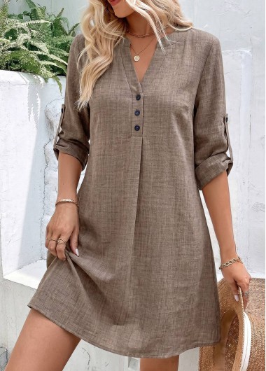 women clothes image of Gray Brown Short Tummy Coverage Bracelet Sleeve Dress